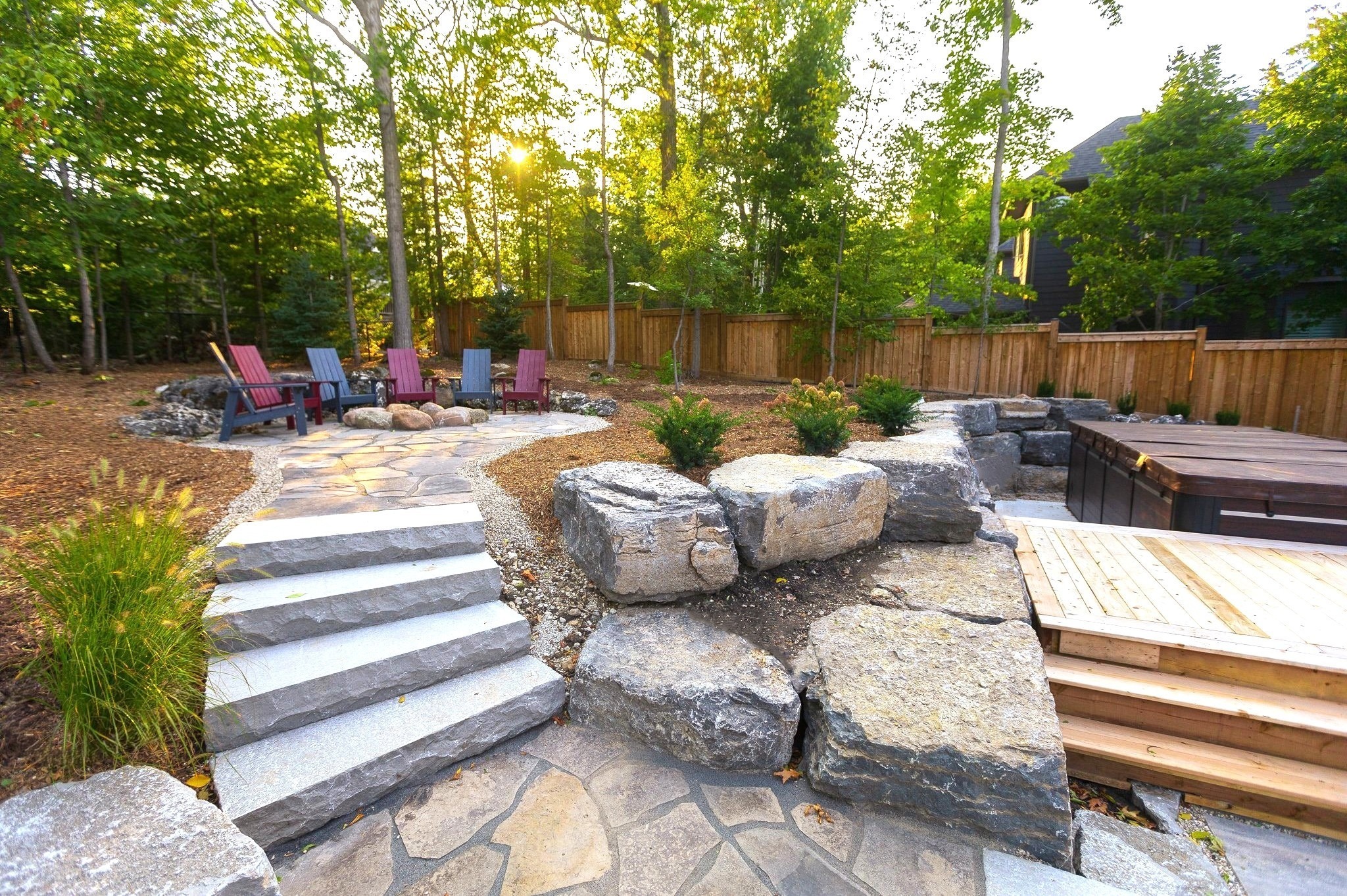 Landscaped backyard with stone patio, fire pit seating