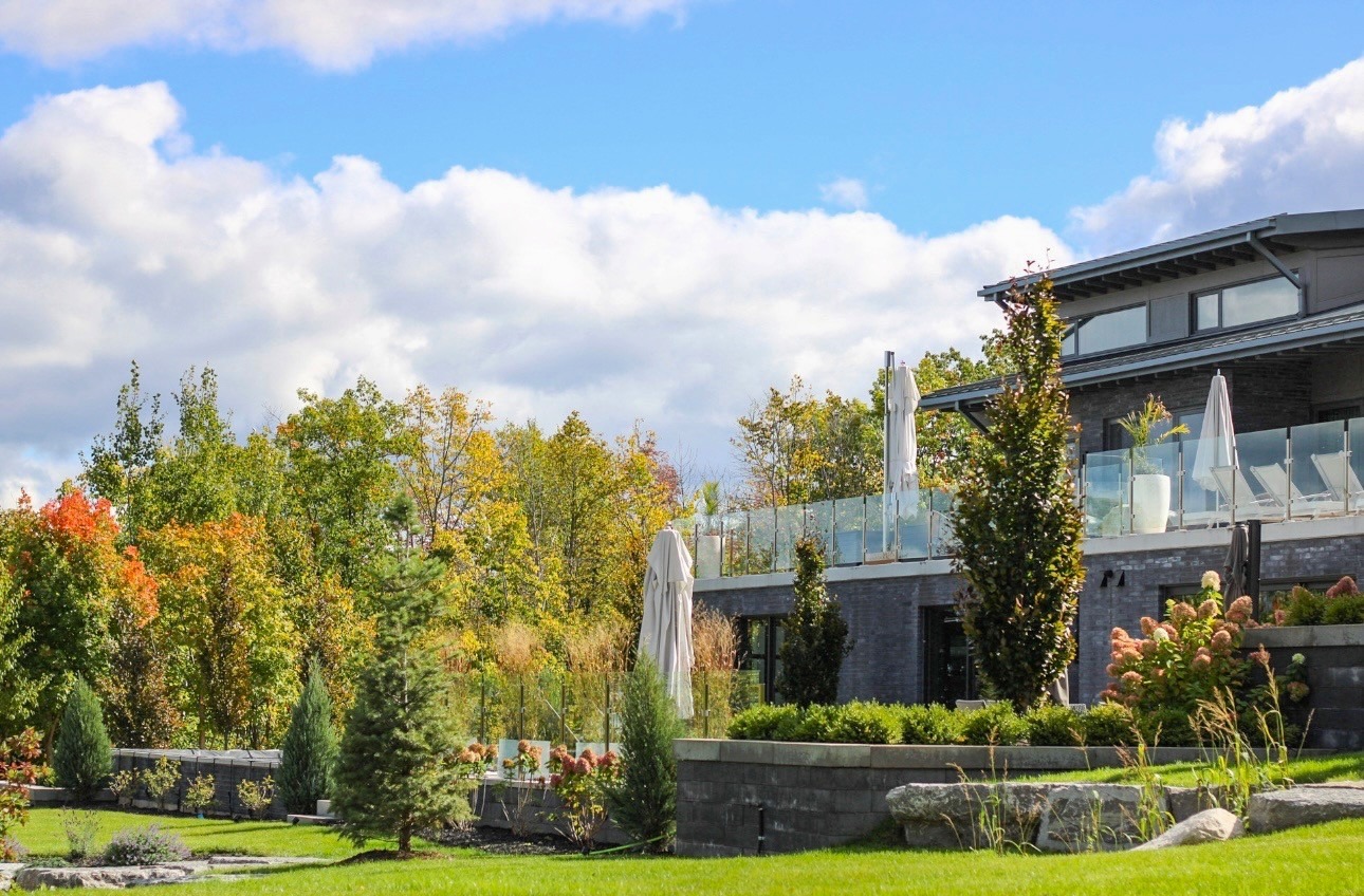 Modern home with landscaped garden in autumn