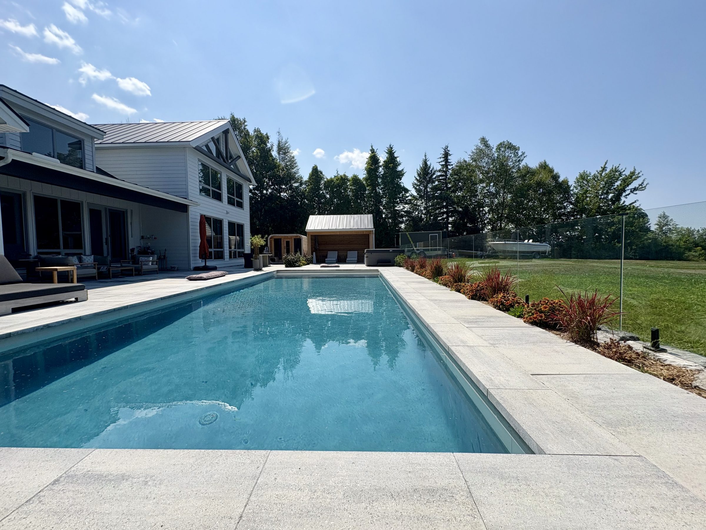 Modern backyard with swimming pool and patio seating