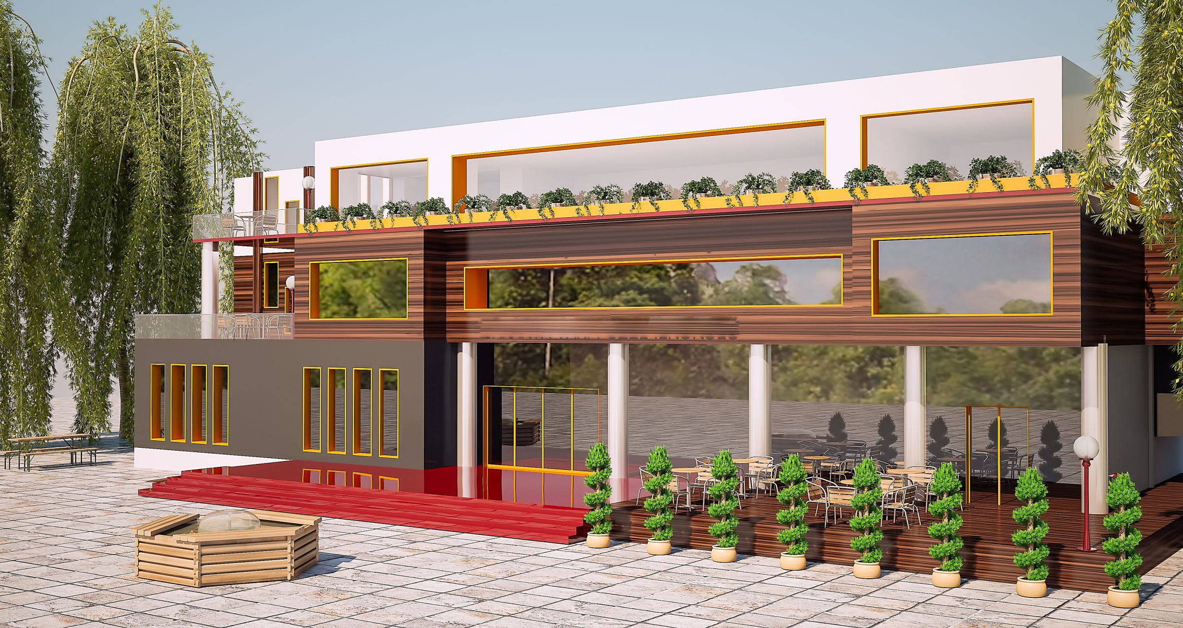 Modern two-story house with rooftop garden and patio