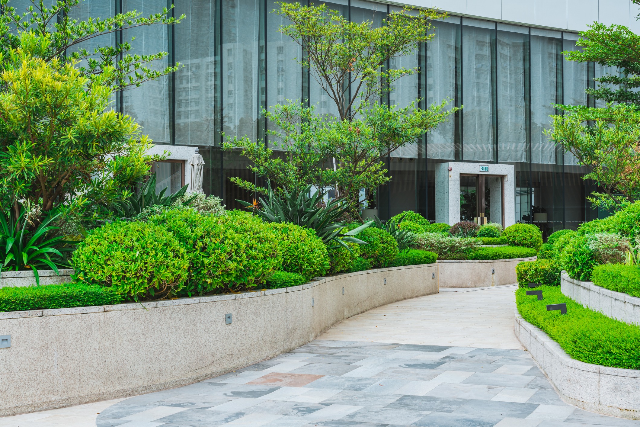 Modern building courtyard with lush greenery and walkway