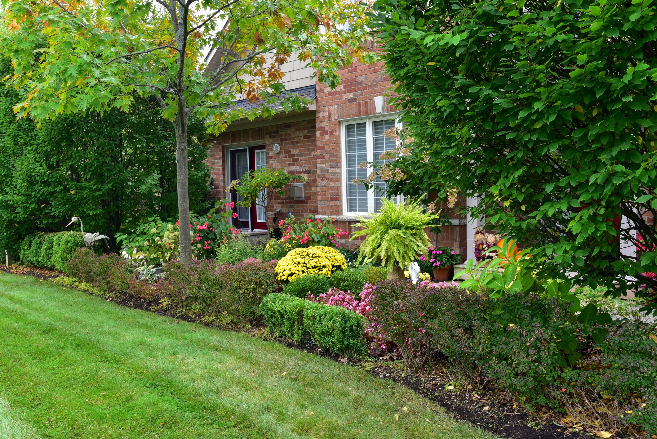 Brick house with lush landscaped front garden