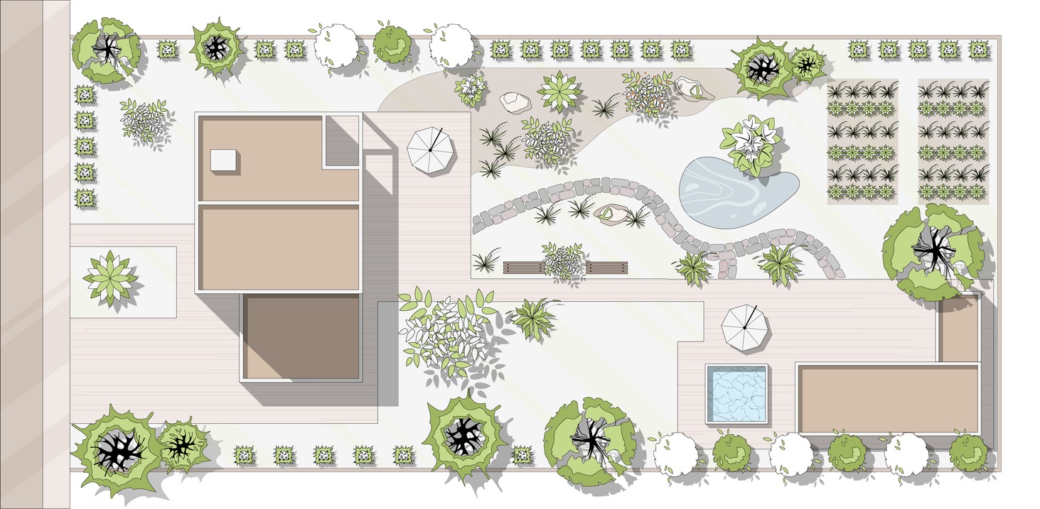 Top-down garden landscape design with pond and patio