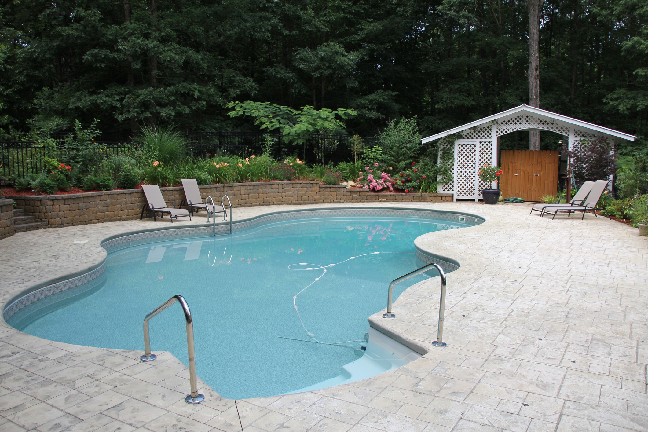 Backyard swimming pool with patio and garden