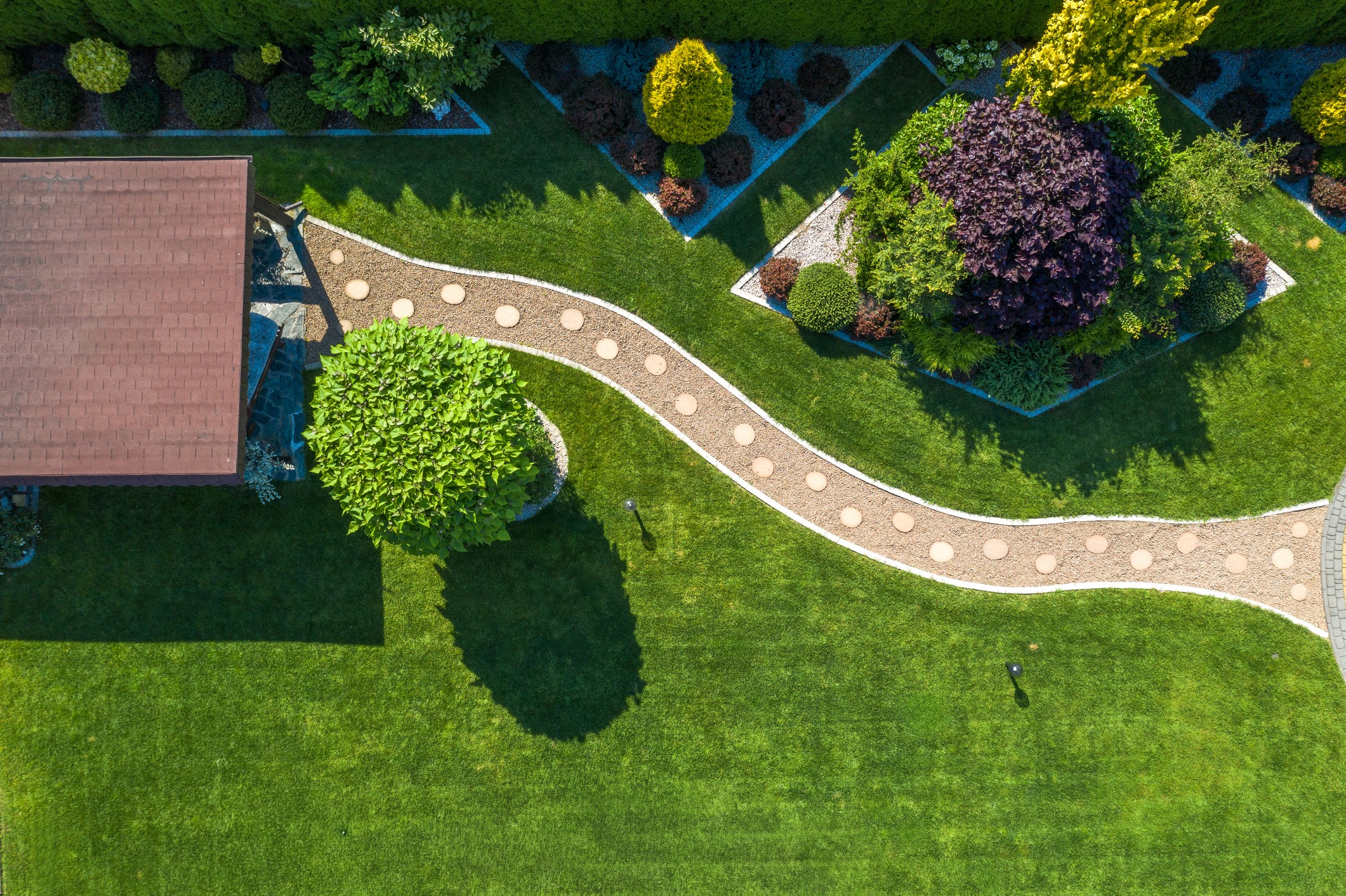 Aerial view of landscaped garden with curved pathway