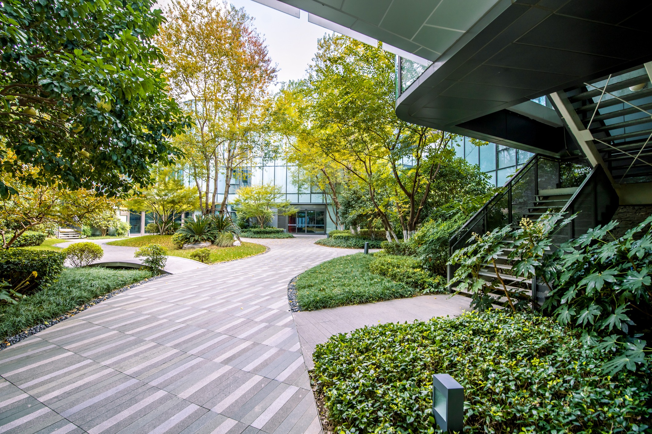 Modern office courtyard with curved walkway and greenery