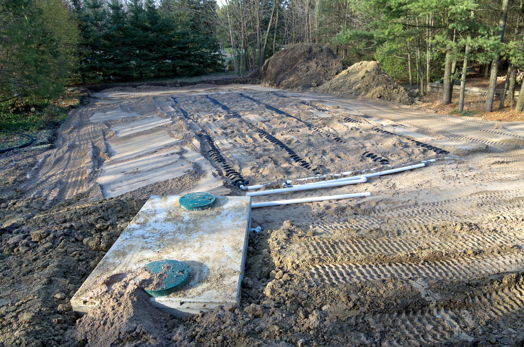 Septic system installation with drainage field in progress