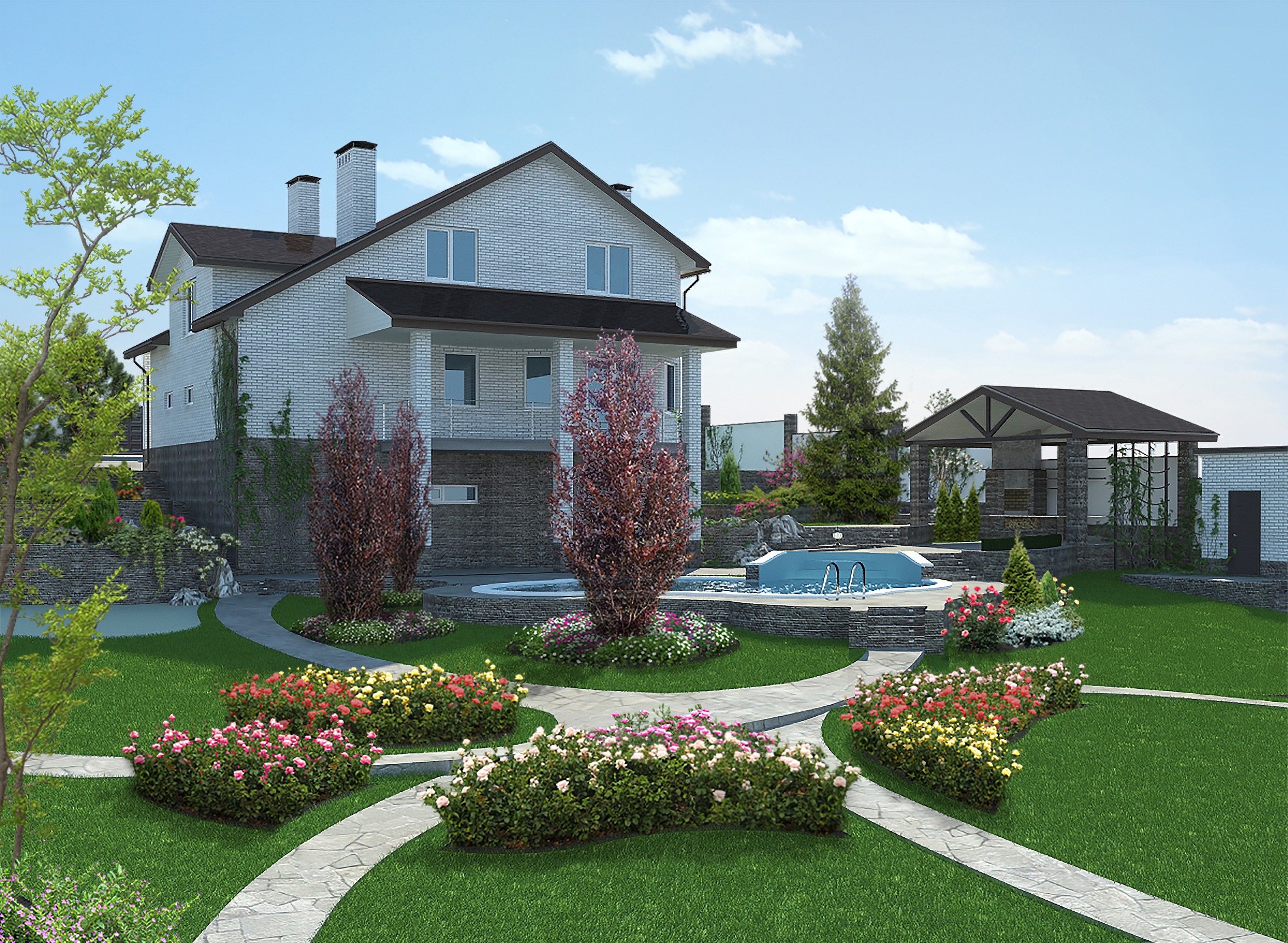 Modern two-story house with landscaped garden and pool