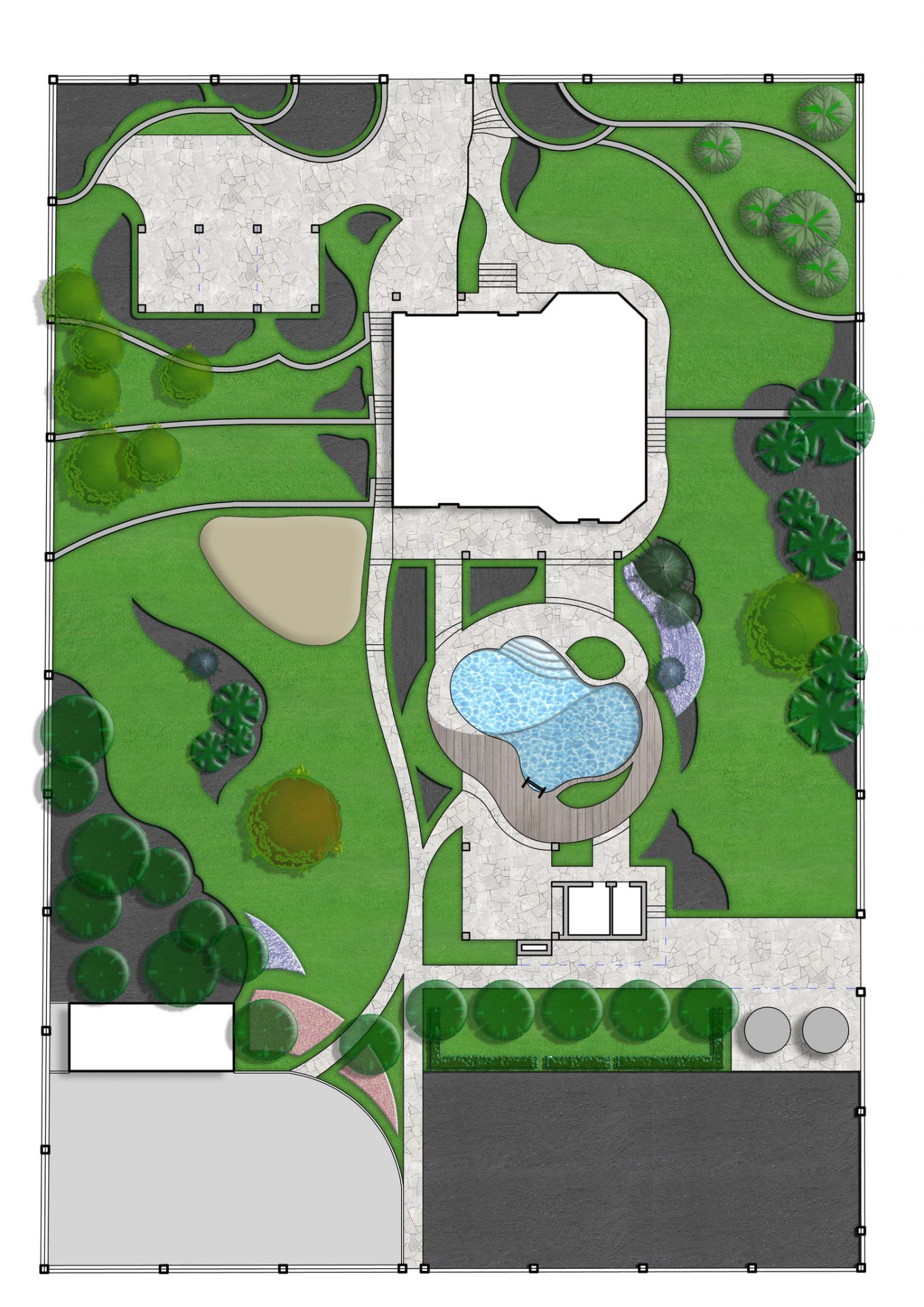 Top-down residential landscape plan with pool and garden